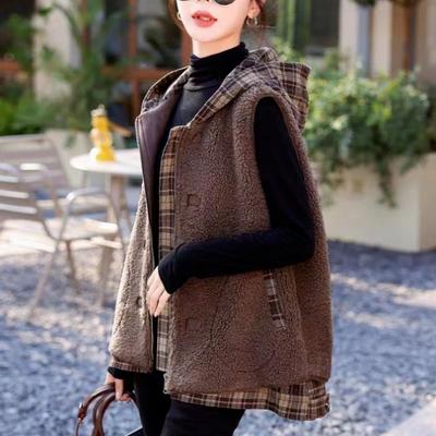 Lamb Wool Vest Women's Spring and Autumn Loose Plaid Hooded Stitching Sleeveless Vest Outer Jacket Women