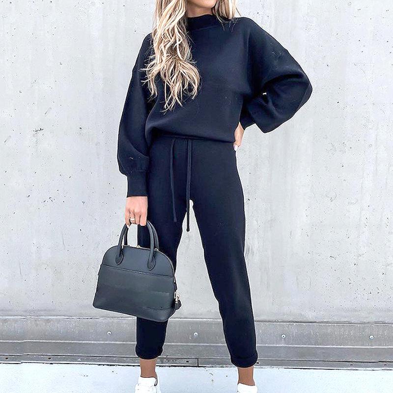 2021 Winter Women's High Neck Casual Loose Solid Hoodie & Trousers Two-Piece Set