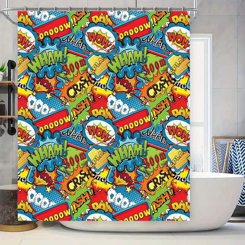 

Comic Book Style Shower Curtain Superhero Theme Home Decor Bath Rug TPU Waterproof Bathroom Liner for Kids Bathrooms 90x180cm