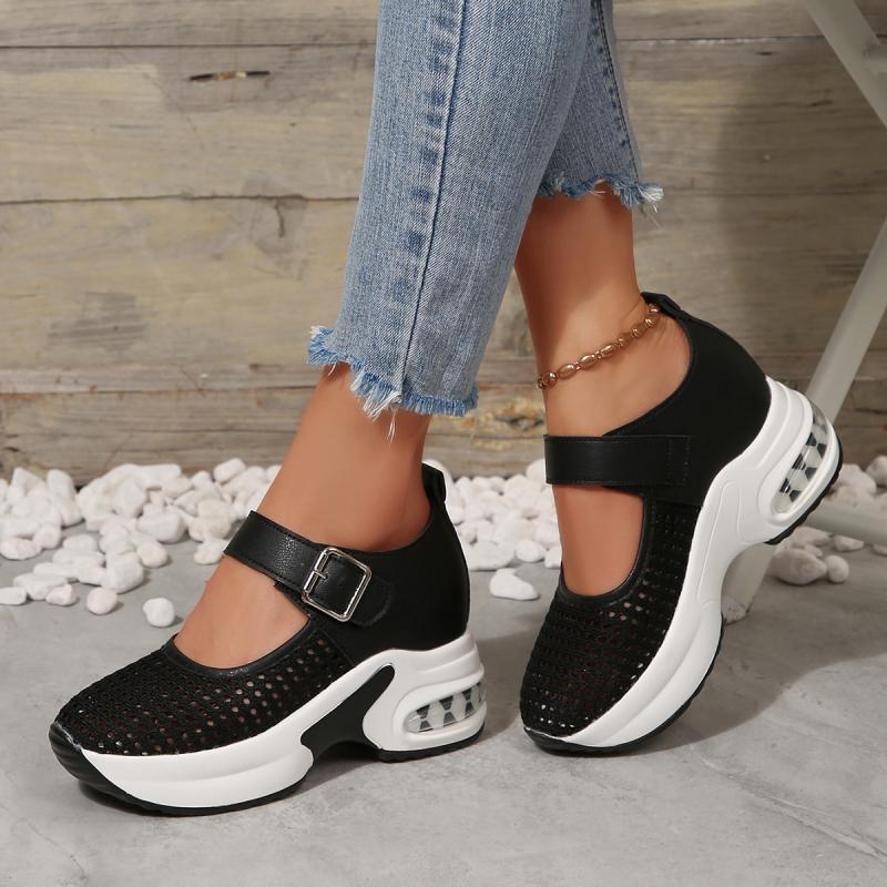 Fashion Breathable Hollow Out Casual Shoes Women 2025 Autumn Thick Bottom High Heel Mary Jane Shoes Thick Bottom Buckle Strap Sneakers