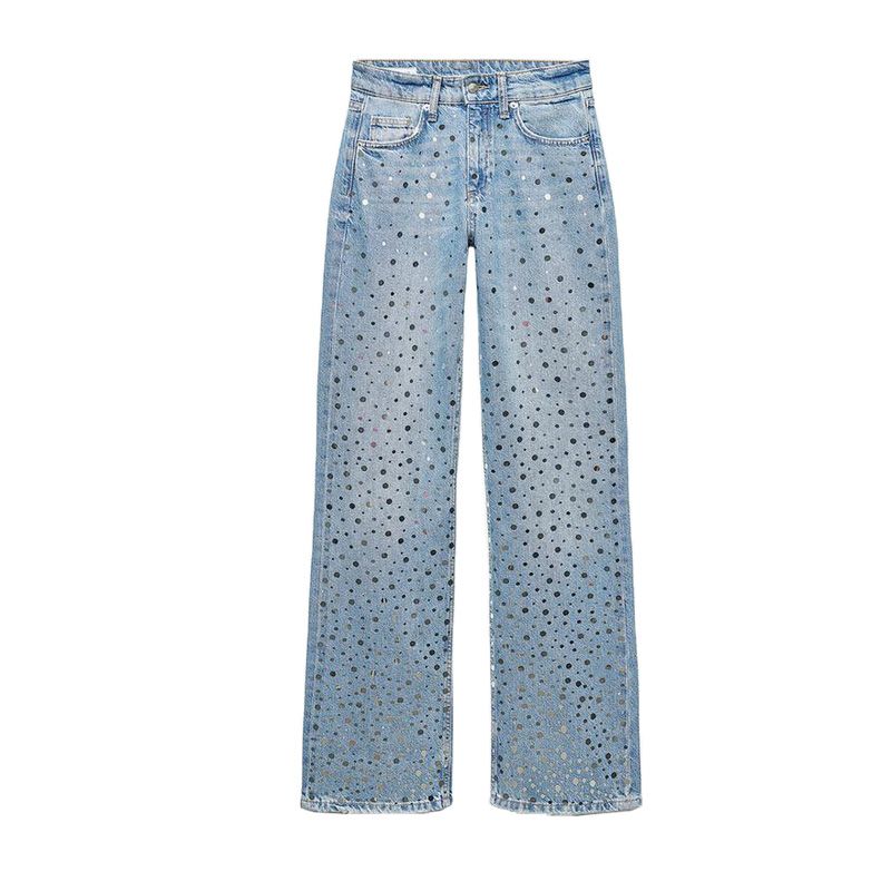 

Spring New Casual Trousers Plaid Cotton Mirror Inlaid Mid Waist Wide Leg Denim Female 6688216 Blue L