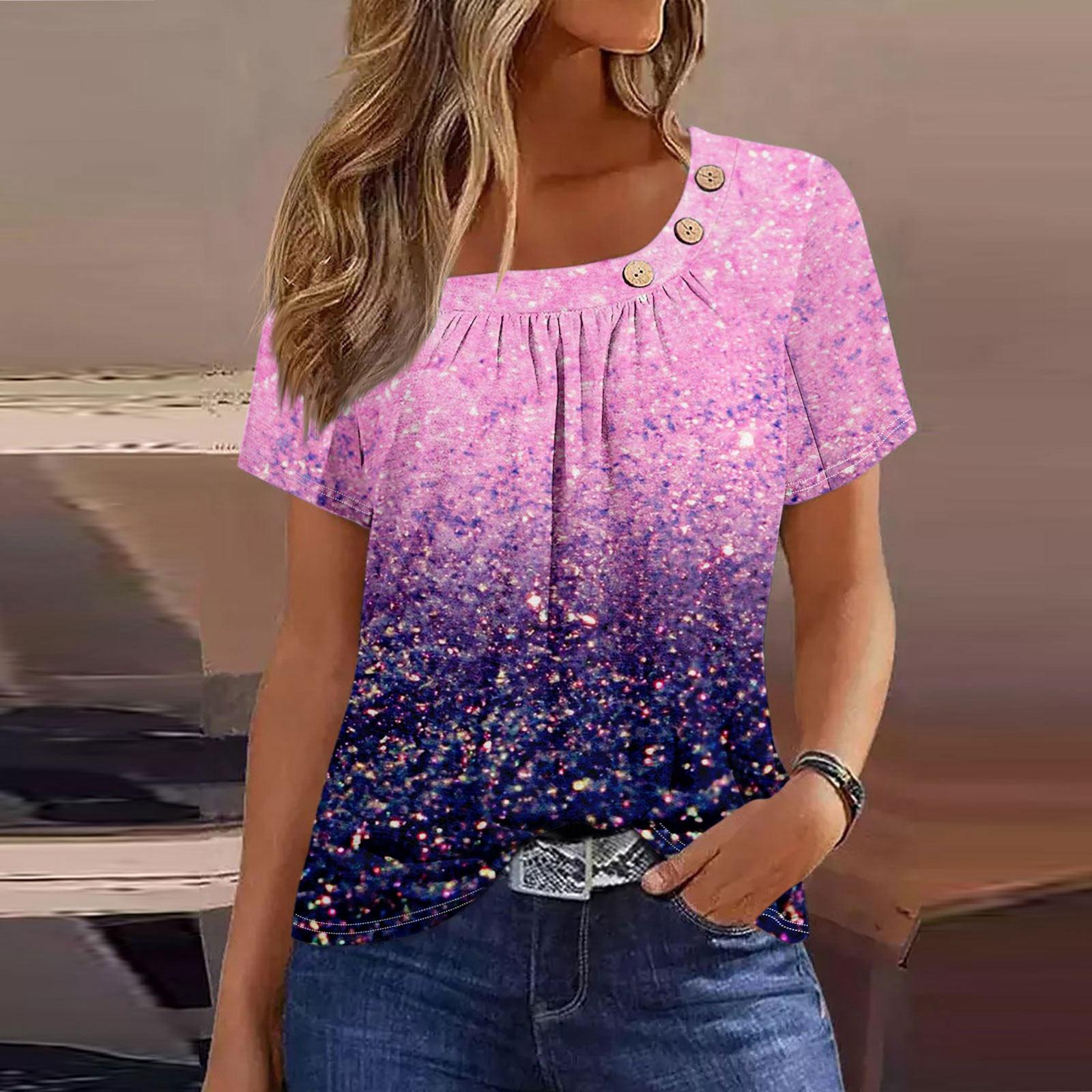

Женская футболка на пуговицах с градиентным принтом и пайетками, с коротким рукавом XXL фиолетовый
