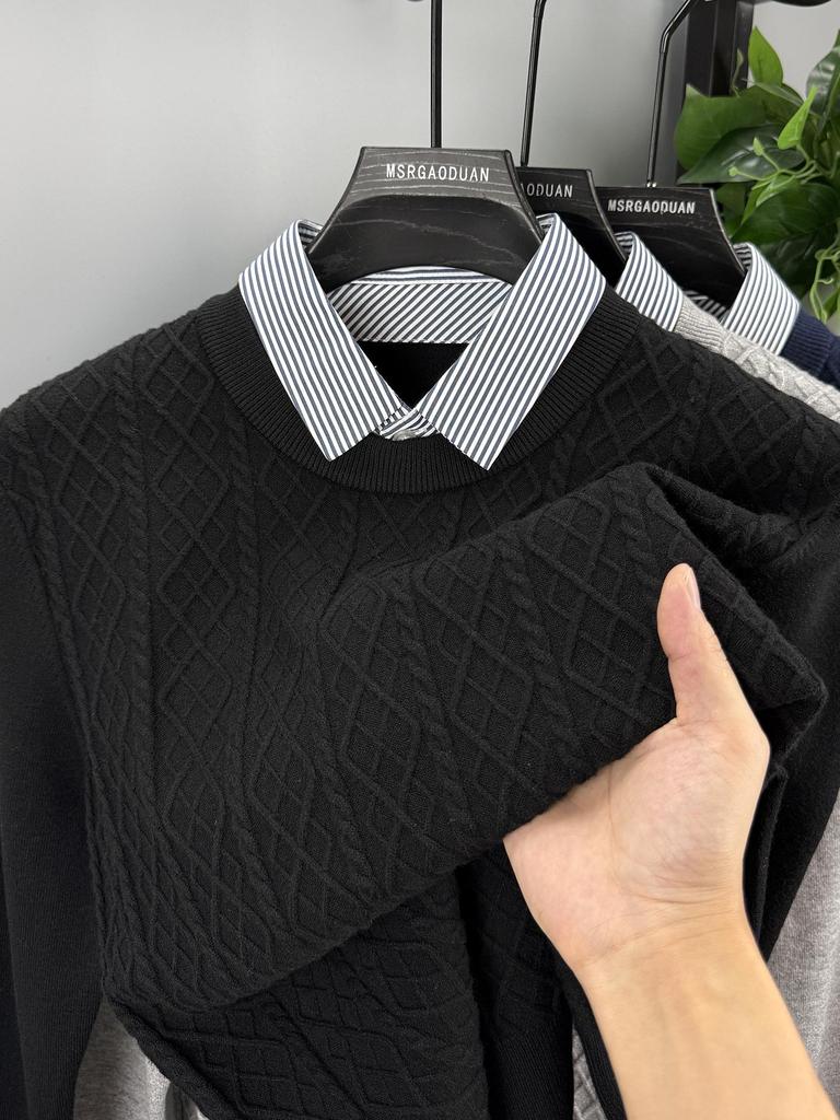 2025 Men's Trendy Fake Two-Piece Sweater: Warm Knit Shirt Collar Pullover for Autumn/Winter