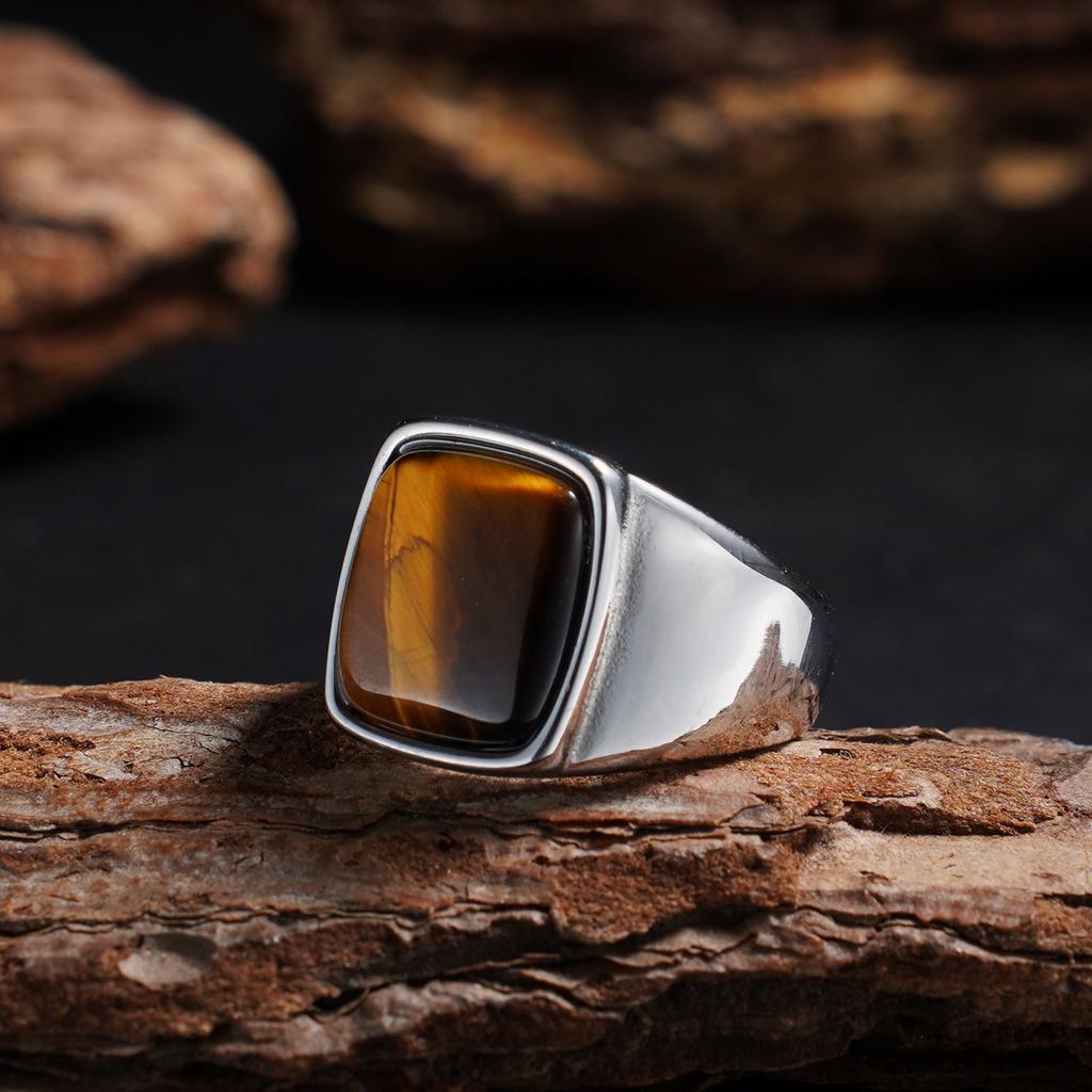 1 Stück Modischer Herren-Tigerauge-Steinring - 316L Edelstahl Klassischer Minimalistischer Business-Stil Ring
