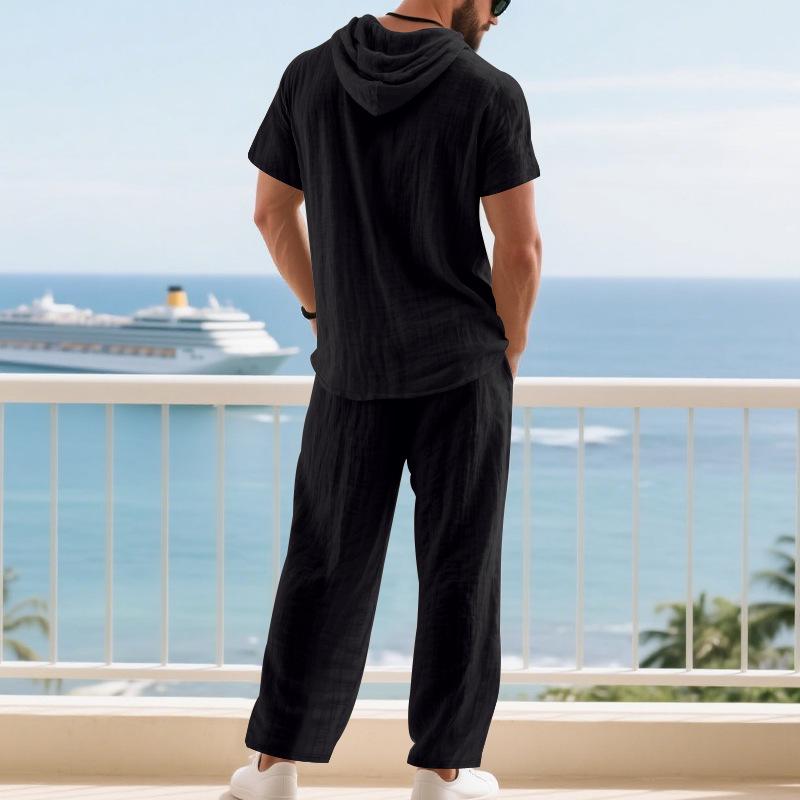 Autumn Casual Linen Hooded Short Sleeve Henley Shirt with Long Pants Set for Men
