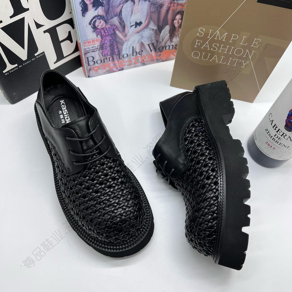 2025 New Derby Shoes Men's Niche High-end Summer Hand-woven Breathable Big Head Leather Shoes Casual Hole Shoes