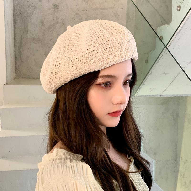 

Летний женский берет, дышащая вязаная шляпа художника, корейская версия, универсальная повседневная шляпа тыквы на весну и осень one size бежевый