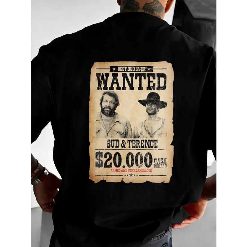 T-shirt Nera da Uomo Bud And Terence Stampa Poster Wanted Abbigliamento Casual per Uscite Quotidiane ed Eventi a Tema Western, TAGLIA XXL