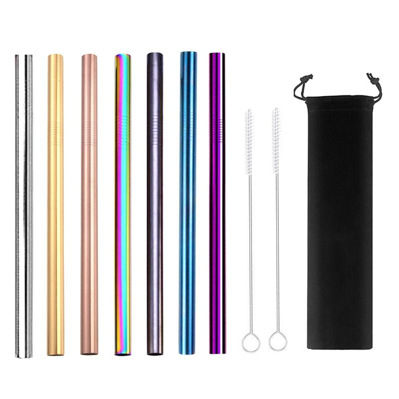 10Pcs/Set 12mm Mixing Color Reusable Drinking Straw Metal Straw 304 Stainless Steel Sharp Bubble Tea Straws Bar Party Accessory