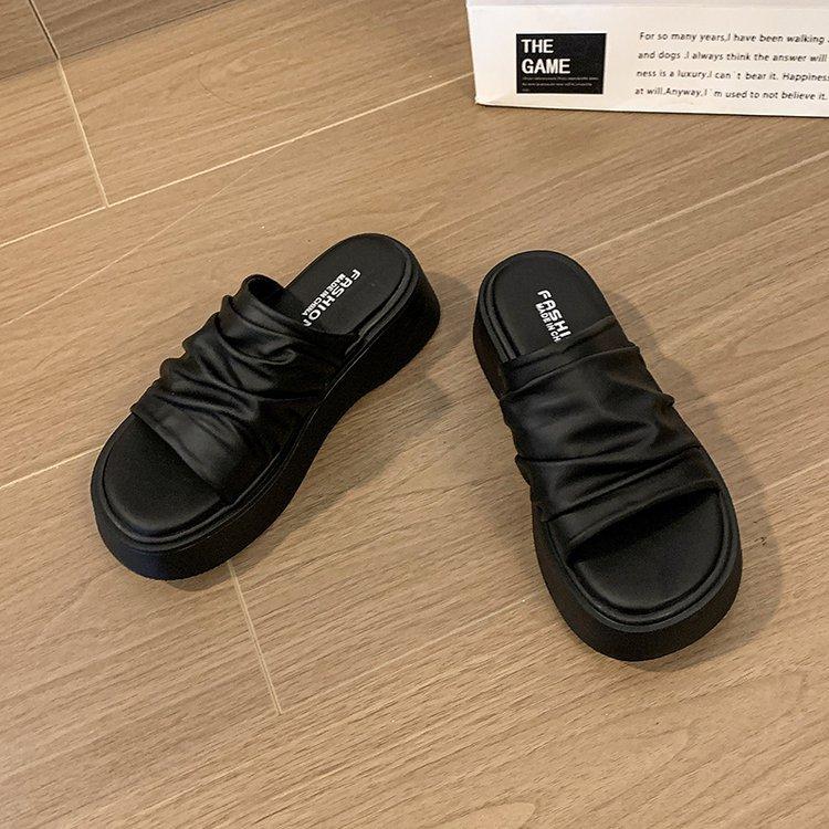 

Comfort version~ Thick bottom heightening pleated slippers women s 2025 new Korean version versatile flat bottom one word cool like summer outer wear 35