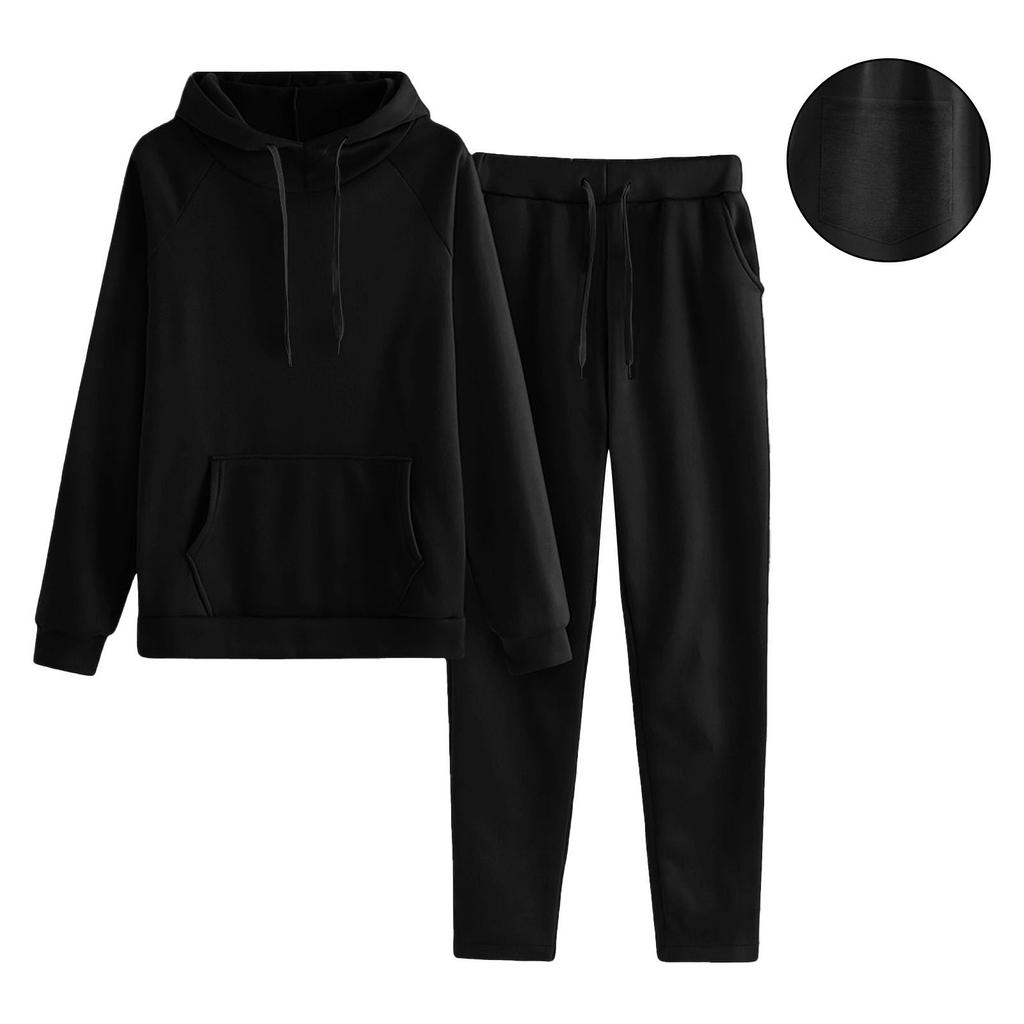 Women's Hooded Long Sleeve Loose Fit Solid Color Two Piece Set Long Pants Casual