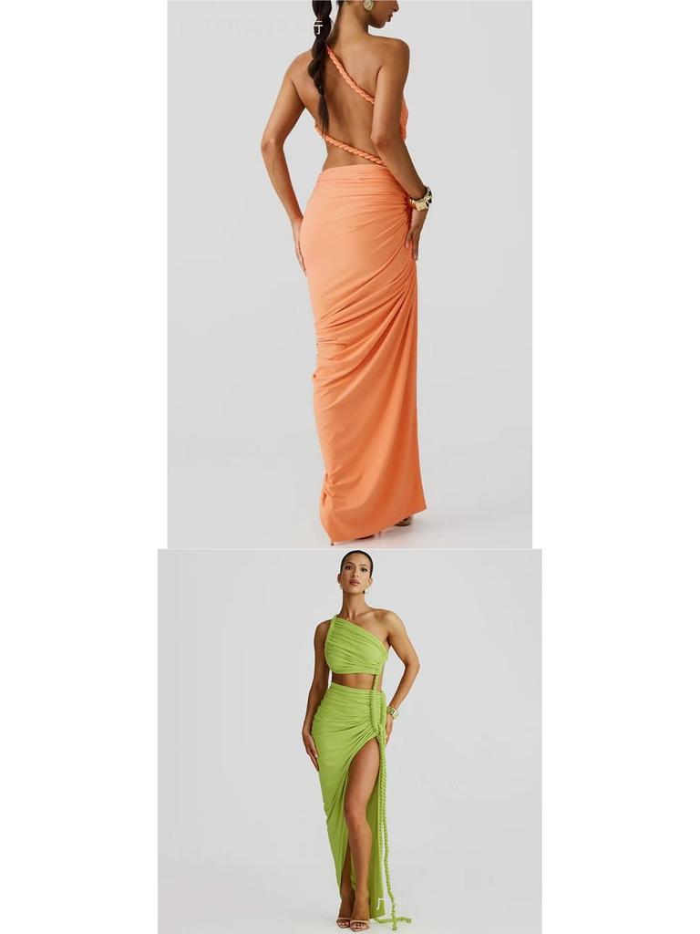 Women's One-Shoulder Ruffled Bandeau Dress: Sexy Summer Backless Split Long Dress