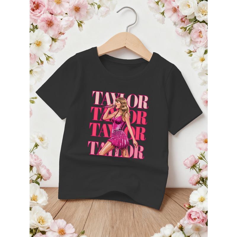 European sizes Pink Font Repeated TAYLOR and Character Image Girls' Comfortable Casual Fashion Printed Round Neck Short Sleeve T-Shirt Top