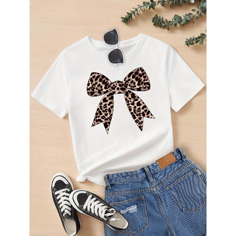 European sizes Leopard Print Bow Cartoon Pattern Print T-Shirt, Short-Sleeved Round Neck Tee for Girls, Summer Clothing for Girls 110 белый