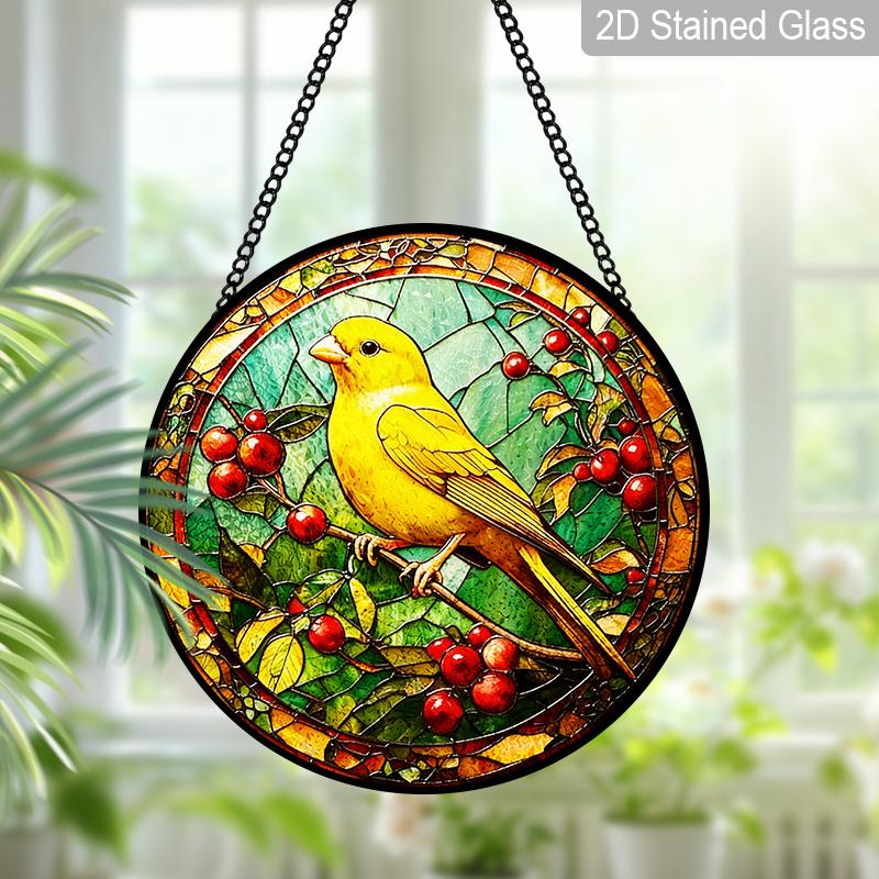 2D Flat Stained Glass Canary Bird Window Decoration, 7.87inches Yellow Bird Red Fruits Design Colored Glass Plate with Chain, Charming Spring Summer