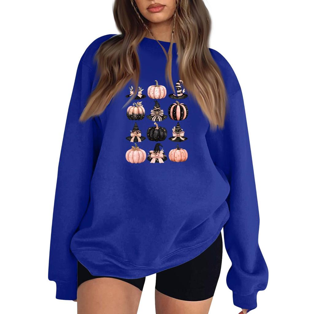 Women's Neck Long Sleeve Loose Fit Casual Sweatshirt Pullover Top with Halloween Print