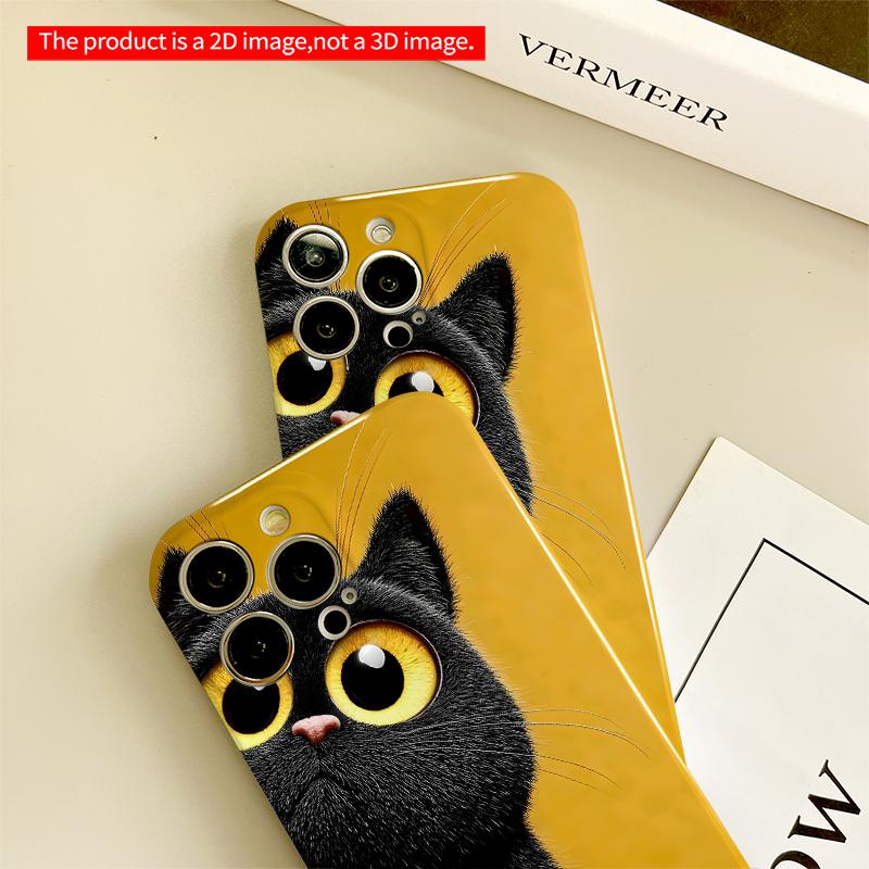 2DFlat Black Cat with Golden Eyes Phone Case All inclusive film hard iPhone case, compatible with iPhone 18 Pro Max 17 16 15 14 13 12 11