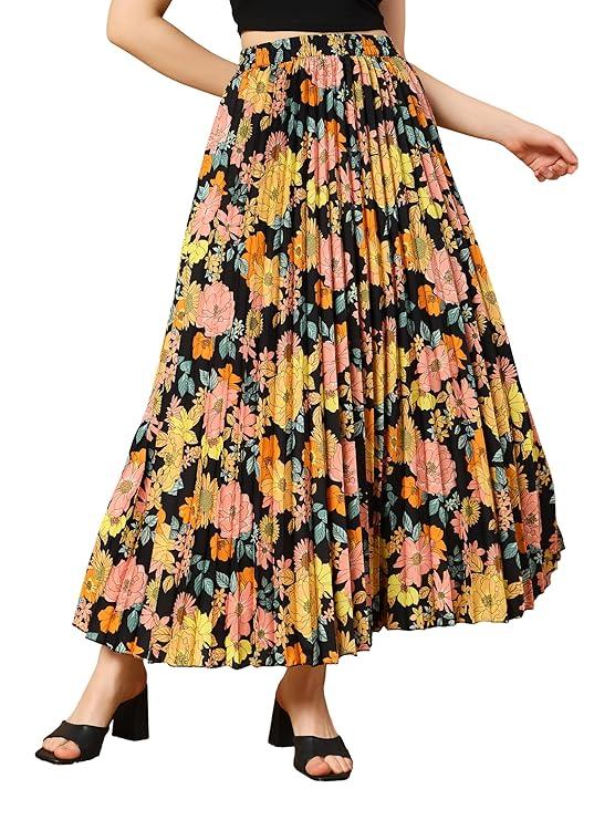 Women Floral Printed Polyester, Crepe Comfortable Maxi Skirt XS