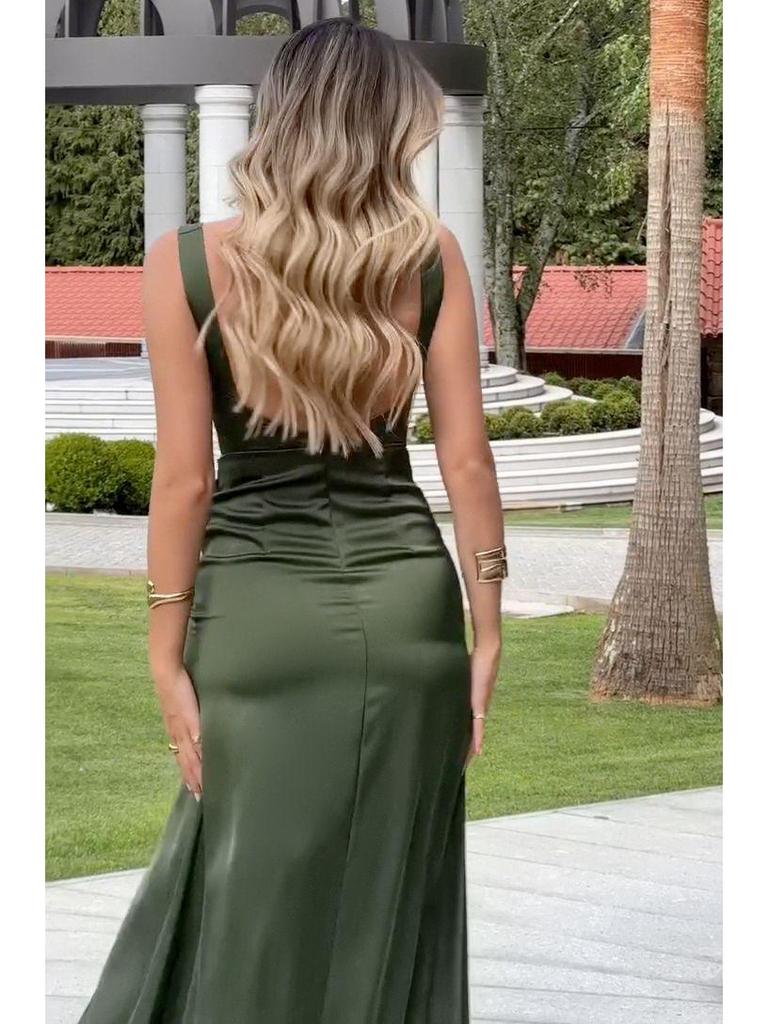 Rochie de vară 2025 pentru femei, culoare uni, cu talie marcată, plisată, cu bretele și crăpătură – Stil european și american