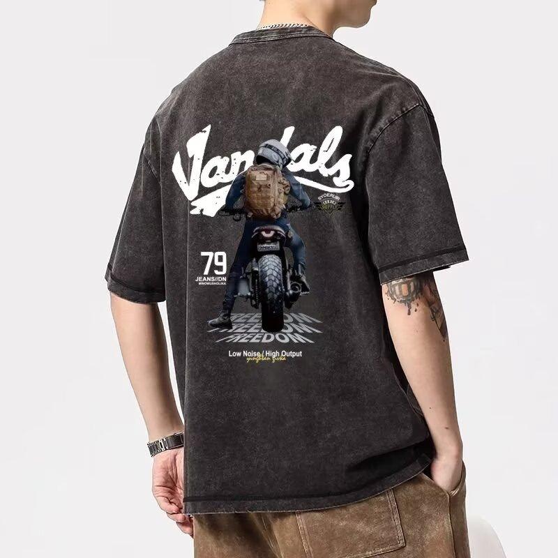 

Мужская повседневная универсальная выстиранная футболка с коротким рукавом Мужская Ins Tide Свободные топы Круглый вырез Базовая футболка Топы Лето 5XL серый