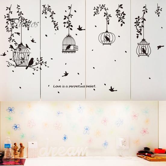 Black Birdcage Pattern Wall Sticker Leaves Silhouette Decor Branch Living Room Bedroom Decal