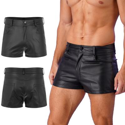Men Leather Casual Pants Skinny Underpants Fully Lining Pouch Boxer Shorts Bottoms with Zip for Festivals Clubwear Pole Dance