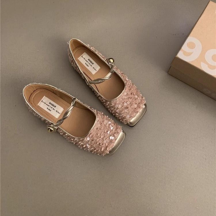 

Французские блестящие серебряные полутапочки Baotou Весна и лето Маленькие ароматные темпераментные туфли Мэри Джейн Туфли на плоской подошве Muller 35