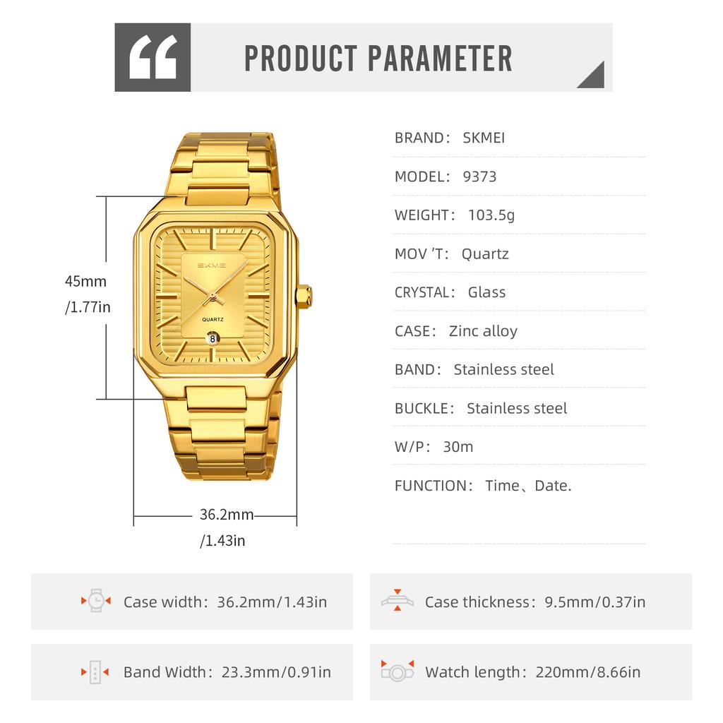 SKMEI Luxury Business Square Quartz Watches Classic Stripe Design Dial with Stainless Steel Band Wristwatch for Men
