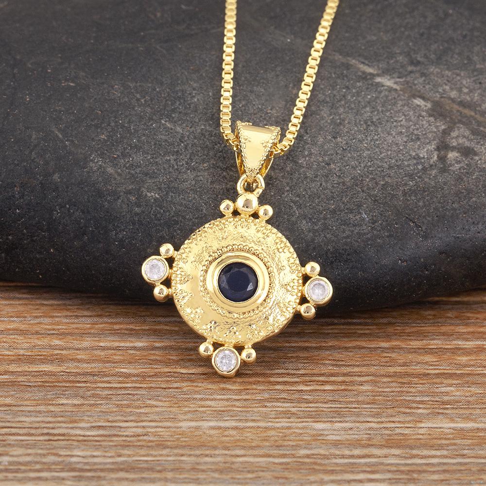 Nidin Vintage Bohemian Ethnic Style Pendant Necklace For Women Retro Embossed Round Zircon Inlay Daily Party Wedding Jewelry золотой