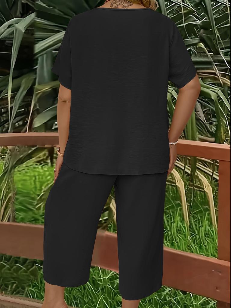 Women's Plus Size Elegant V-Neck Short Sleeve Top and Wide-Leg Pants Set - Solid Colors for Spring, Summer, and Autumn.