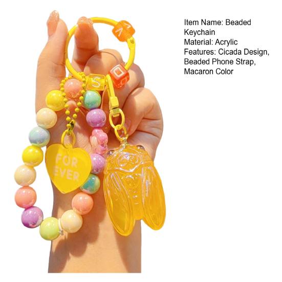 Keychain Strong Load-Bearing Macaron Color Beads Key Chain with Glitter Cicada Pendant Portable Anti-Lost Mobile Phone Chain Bag Hanger