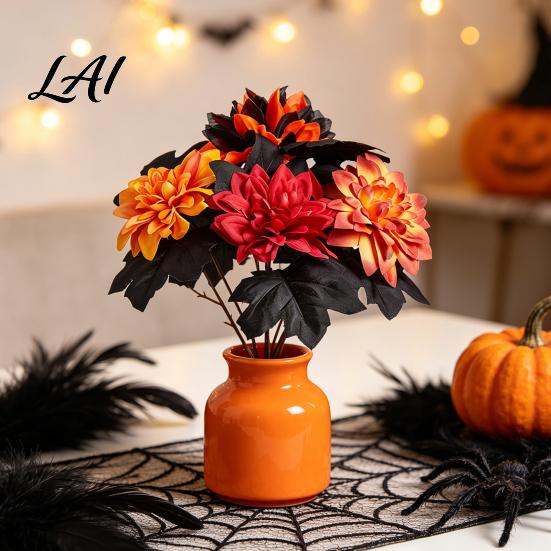 Fake Maple Leaf Decor Halloween Artificial Flower Fall Faux Sunflower Rose Bouquet with Black Maintenance Free Flowers Leaves Autumn Floral
