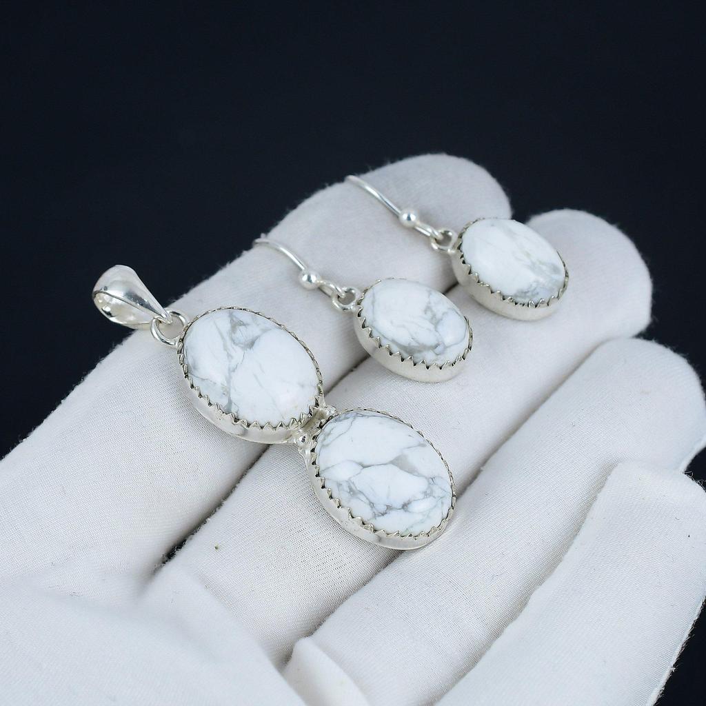 Sada přívěsku z přírodního howlitu, Ručně vyrobená sada náušnic a přívěsku z drahokamu howlitu ze sterlingového stříbra 925 pro ženy, Přívěsek pro párty, Dárek