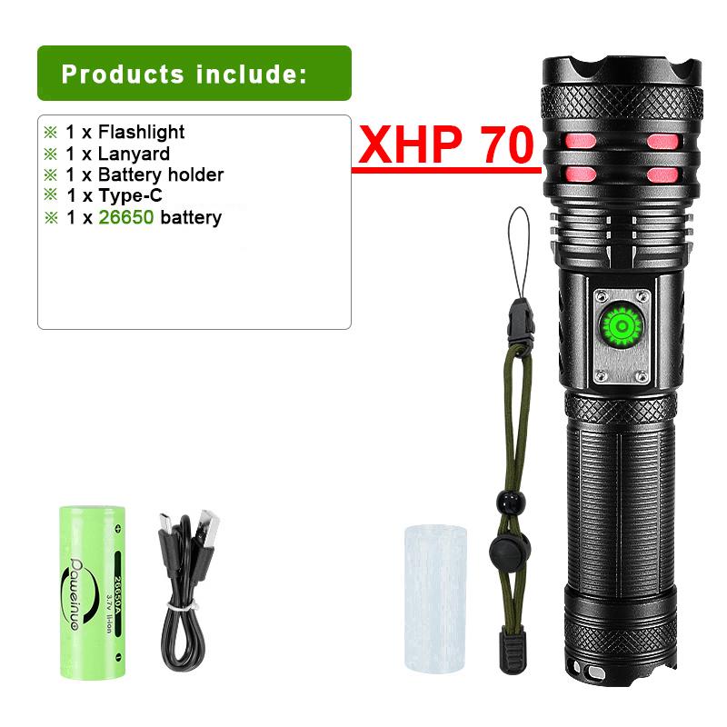 High Power XHP70 Flashlight Rechargeable LED Torch Telescopic Zoom Light For Camping Waterproof Lamp