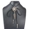 Black PU Leather Western Rodeo Bolo Tie Bola Necklace Antique Brass