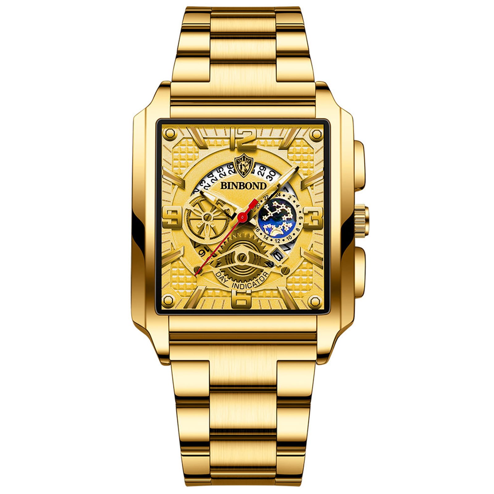 

Men s Square Watch with Calendar, Gold: 3ATM Water Resistance, Stainless Steel Strap, Analog Quartz Movement, Gold, Simple and Stylish Business Watch