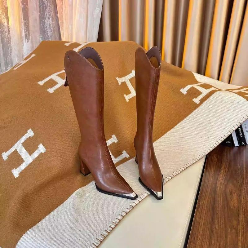 

Fashion New Style Popular Leather Long Boots Women Fashion V-port Pointed Toe Knee High Boots Ladies Sexy Chunky High Heels Shoes Boots 39 кофейный