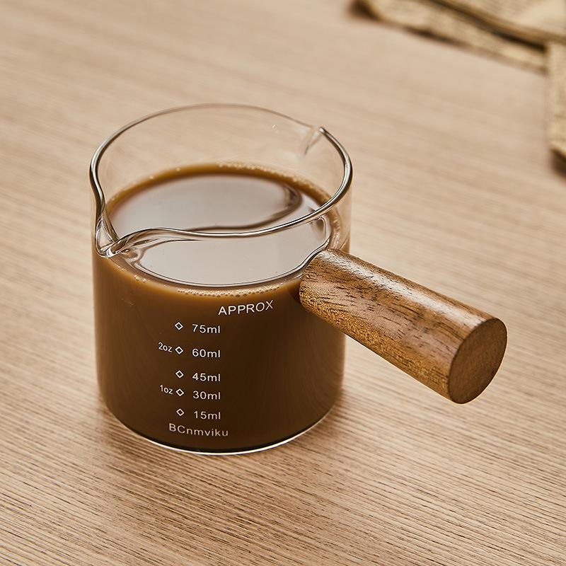 Glass Espresso Bean Measuring Cup with Double Spout, Wooden Handle, and Small Milk Jug