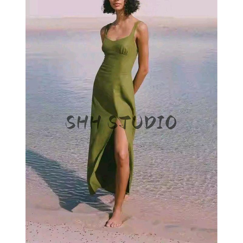 Summer Women clothes Western Style Hem Split round Neck Linen Blend Polka Dot Midi Dress 3049676