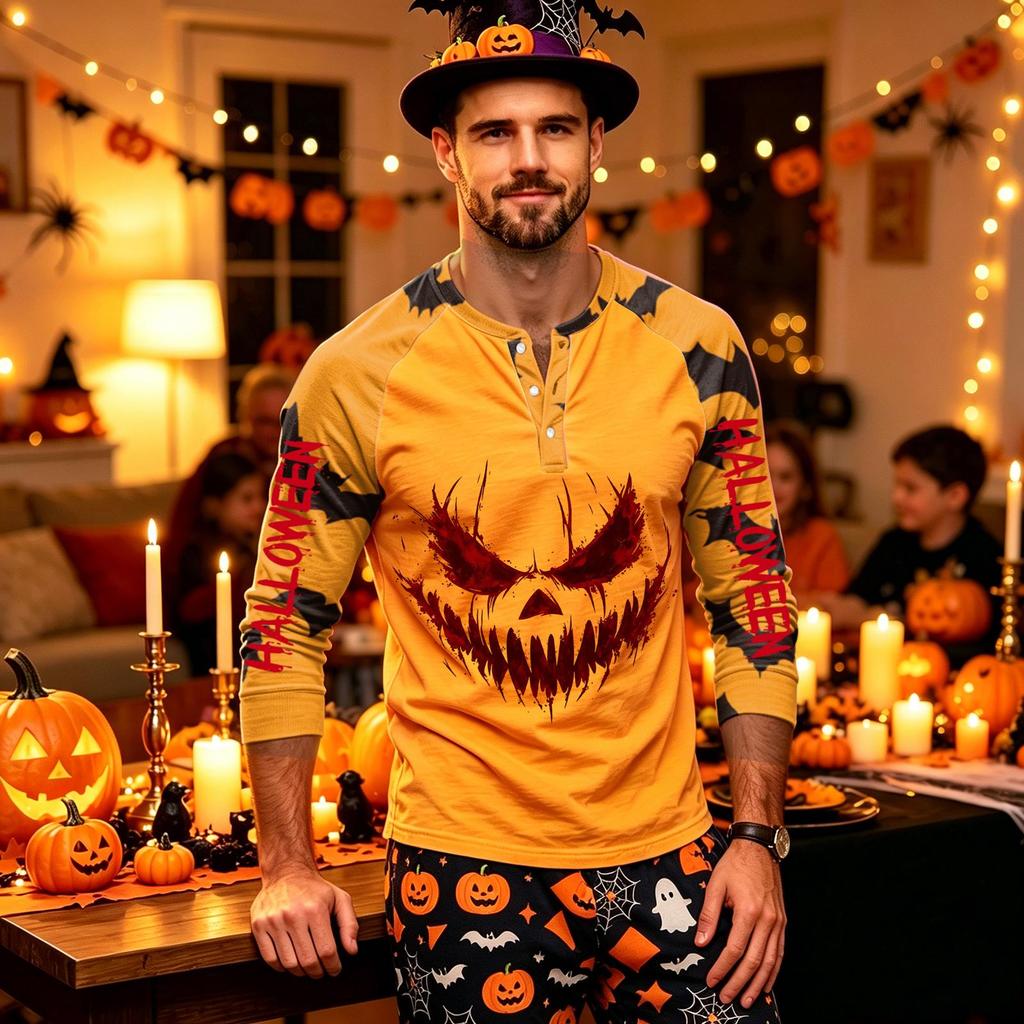 Men's Long Sleeve Shirt with Halloween Print for Holiday Parties and Casual Wear