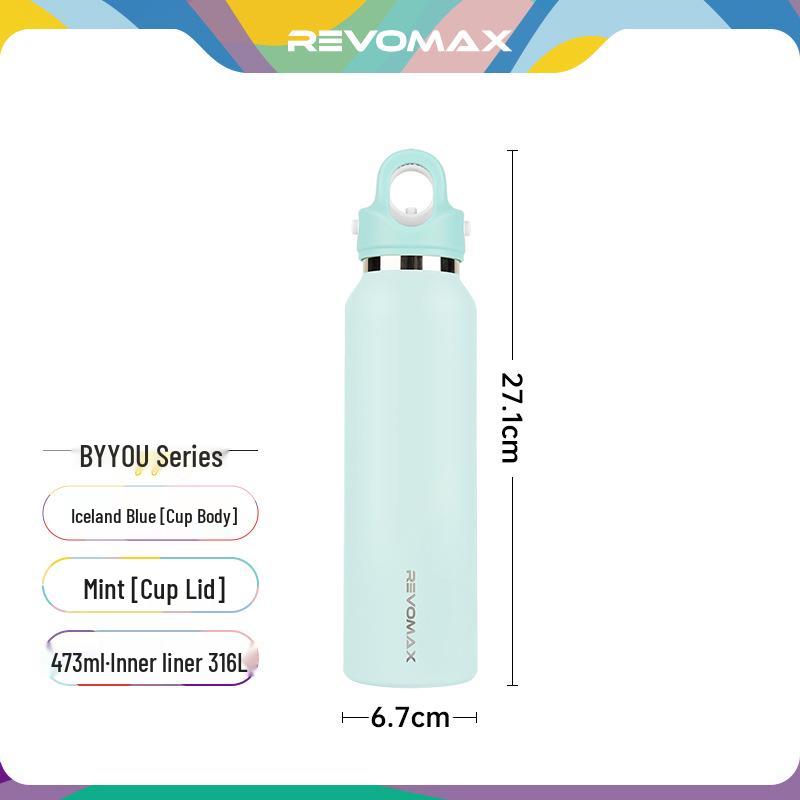 Ruihu REVOMAX Quick-Open Insulated Sports Water Bottle, Iceland Blue 316 Stainless Steel. 473ML Base Cover - Turquoise
