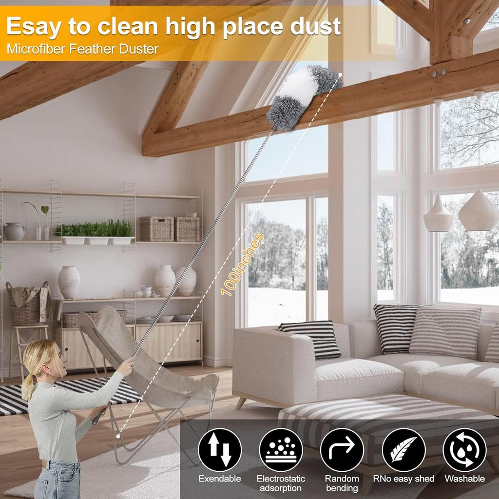 Microfiber Duster for Cleaning Fan, High Ceiling, Blinds, Furniture, Cars , 9PCS Extendable Feather Duster (Stainless Steel) 30 to 100 Inches,