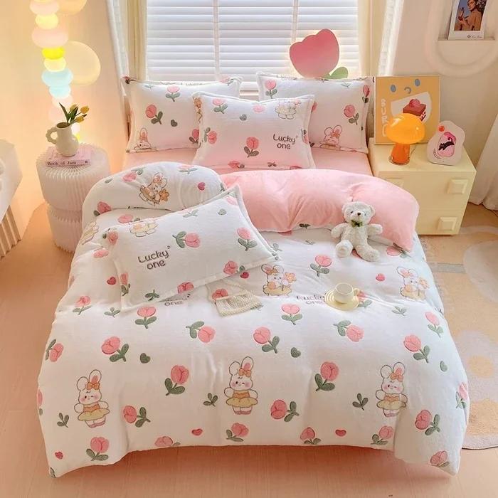 Winter Flannel Duvet Cover Rainbow Dual-color Soft Warm Quilt Cover Cozy Thick Comforter Cover for Adults Children Queen King