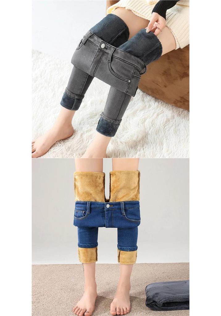 Women's High-Waisted Fleece-Lined Slim-Fit Denim Jeans for Winter Warmth