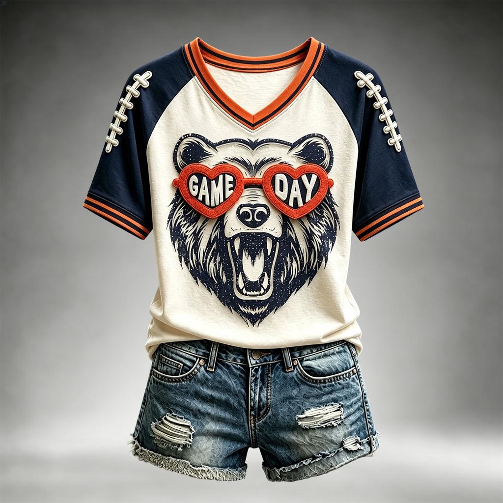 Women's Casual Neck Short Sleeve Tee Lightweight Breathable Rugby Print Top