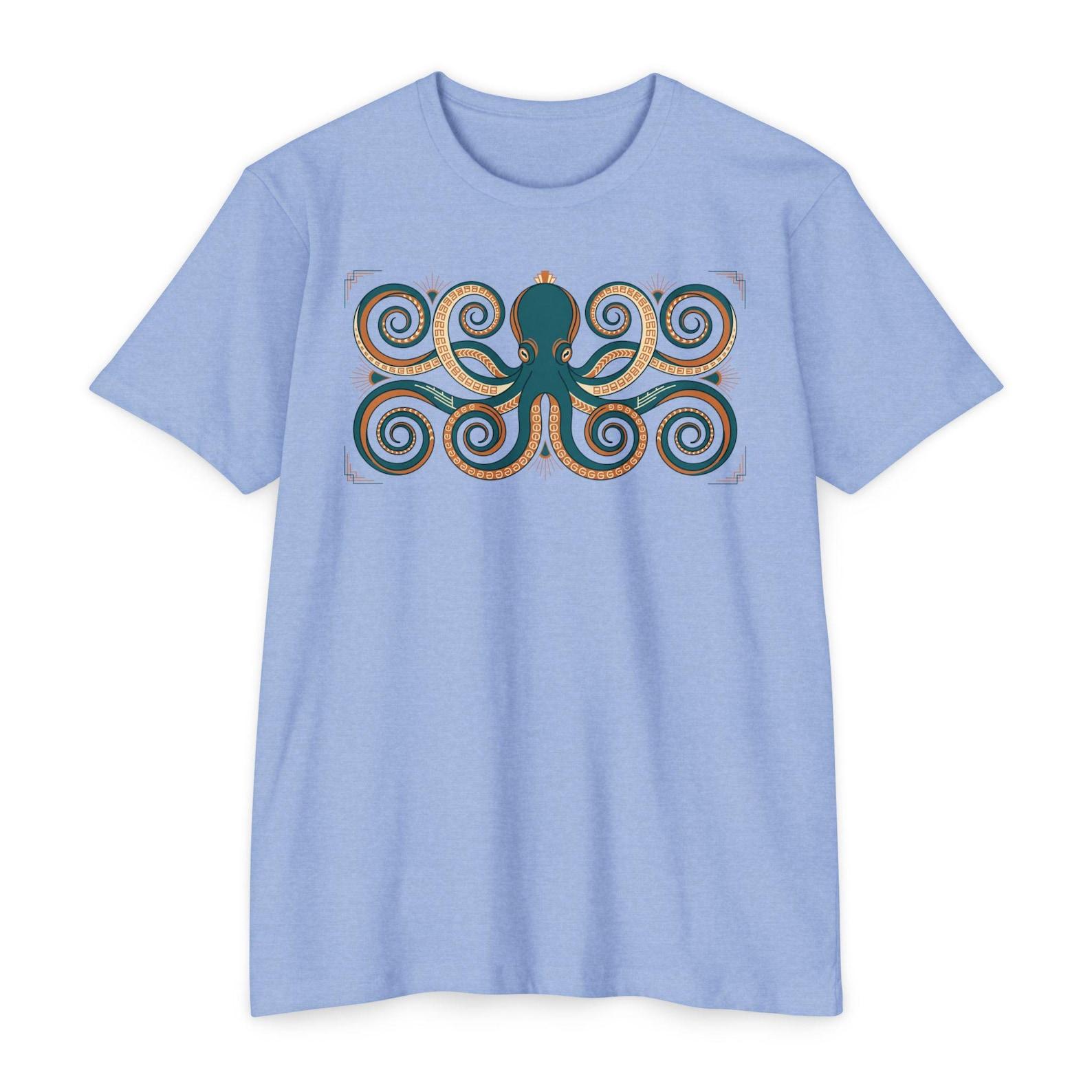 Octopus T-Shirt Teal Swirl Nautical Sea Creature Graphic Tee Ocean Lover Gift Unisex Tee L