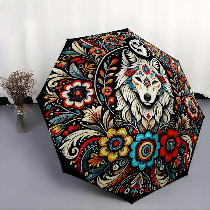 1pc Wolf Mandala Automatic Open/Close Umbrella - Portable Collapsible Umbrella with 8-Rib Stability, Fashion Lovers Yy251017104