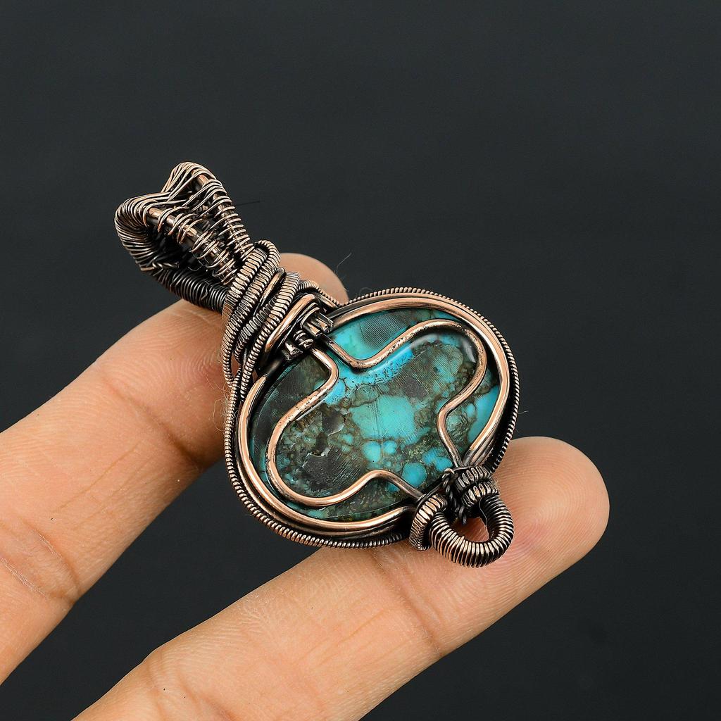 Tibetan Turquoise Gemstone Copper Wire Wrap Handmade Pendant Jewelry For Gift