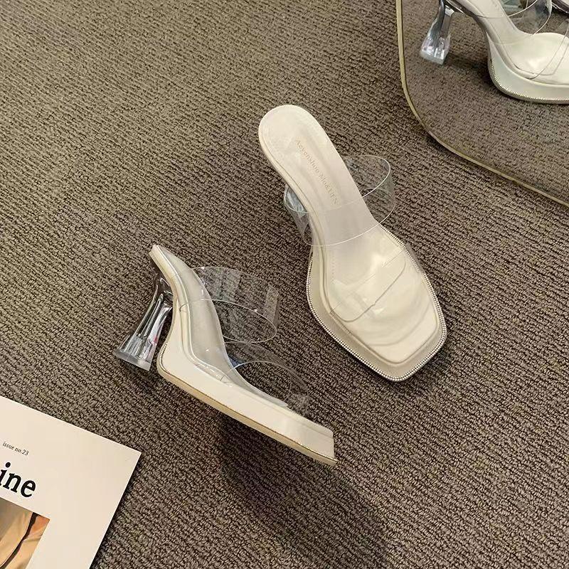 

High-heeled slippers women s new summer outer wear transparent crystal and waterproof table thick-heeled cool slippers 35 бежевый