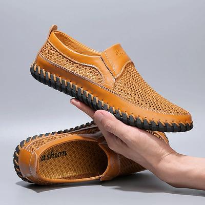Men Shoes Handmade Leather Casual Shoes Summer Hollow Out Mesh Shoes Comfortable Slip On Men's Loafers Lightweight Walking Flats